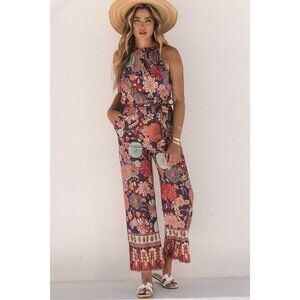 New Boutique Spring Drop: Purple Floral Print Frill Halterneck Wide Leg Jumpsuit